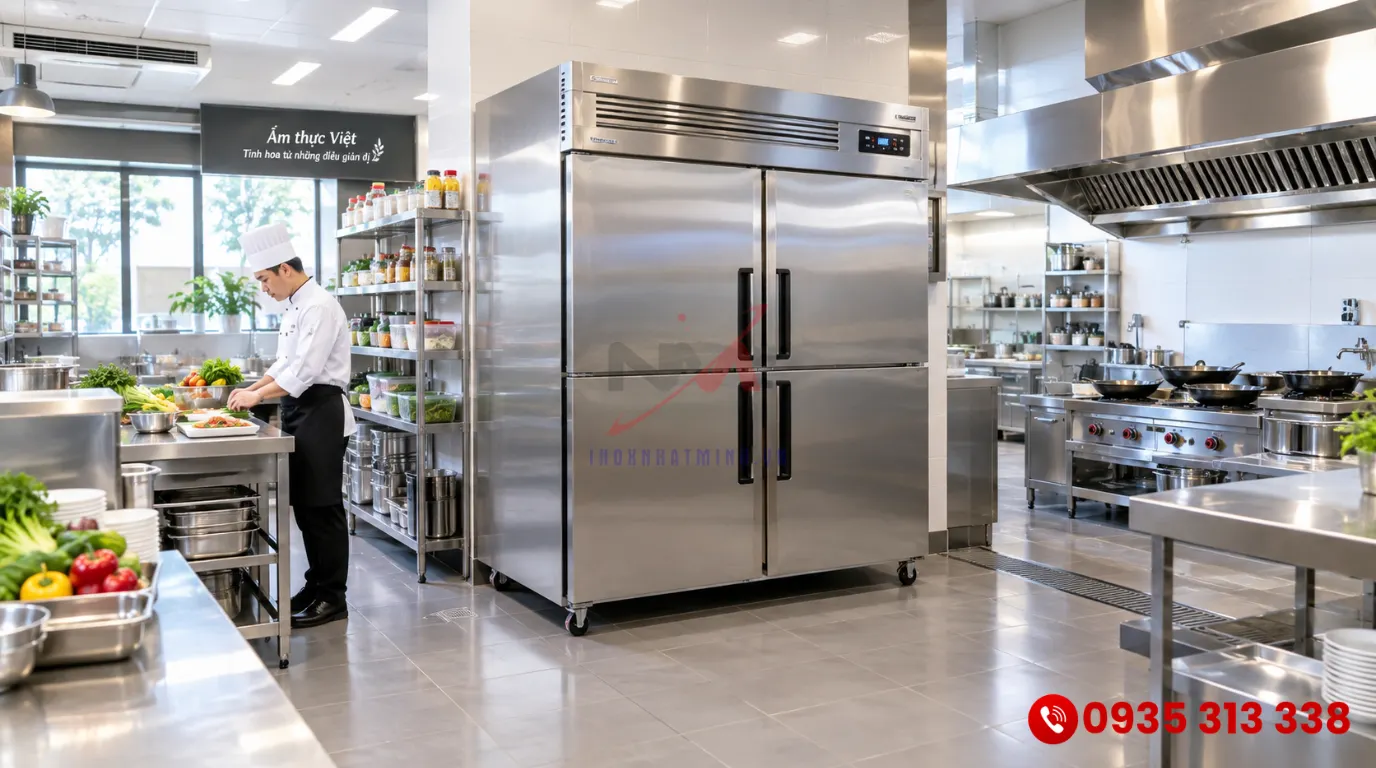 Kích thước tủ mát công nghiệp chuẩn bố trí hài hòa trong không gian bếp nhà hàng