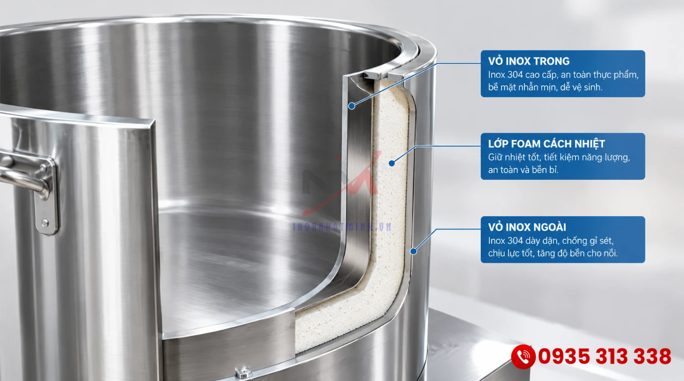 Cắt lớp chi tiết thành nồi nấu cháo công nghiệp 3 lớp inox 304 và foam cách nhiệt