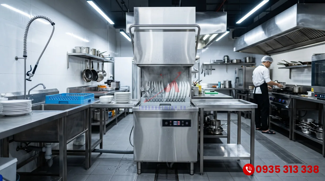 Máy rửa chén công nghiệp inox 304 sáng bóng trong khu bếp nhà hàng chuyên nghiệp