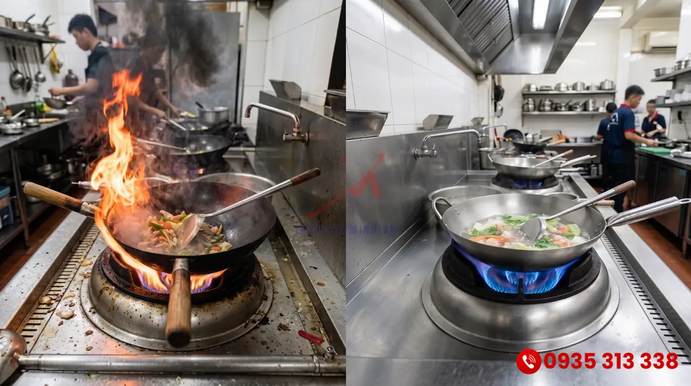 So sánh ngọn lửa xanh chuẩn và hiện tượng bếp ga công nghiệp bị lửa đỏ kém hiệu quả