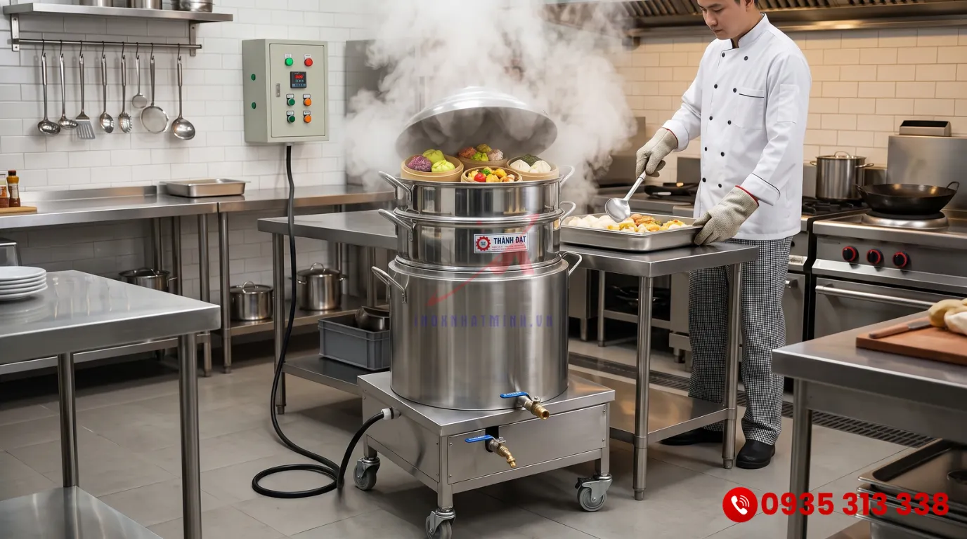 Nồi hấp điện công nghiệp đa năng chất liệu inox sáng bóng đặt tại bếp nhà hàng