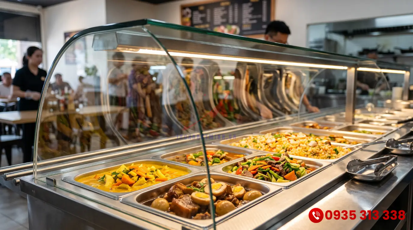 Cận cảnh quầy giữ nóng thức ăn kính vát giúp trưng bày món ăn thu hút thực khách