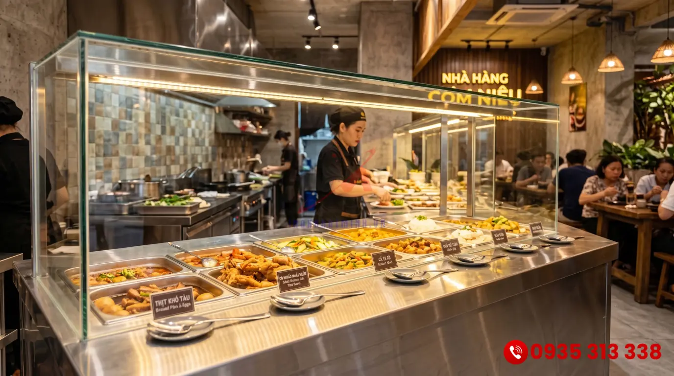 Mẫu quầy hâm nóng thức ăn kính cường lực hiện đại lắp đặt tại không gian nhà hàng