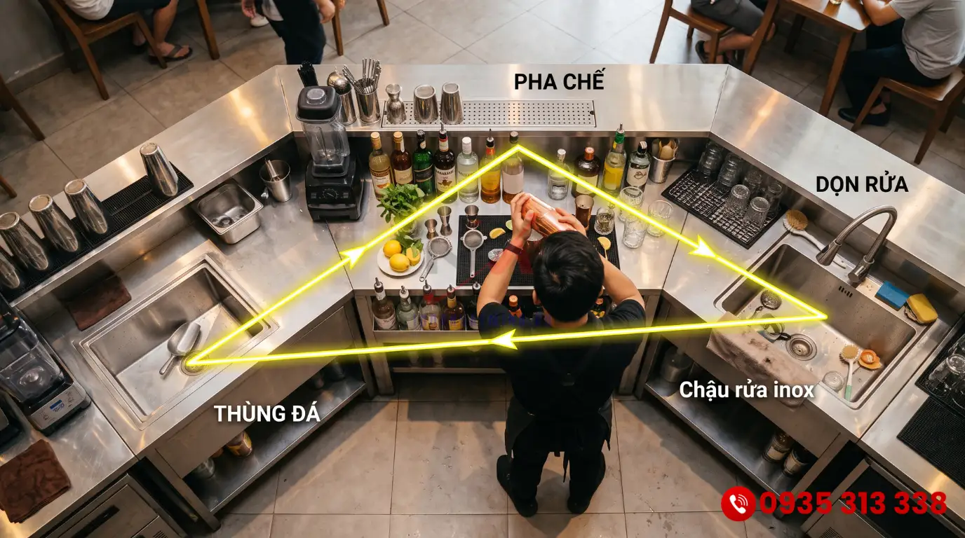 Ứng dụng quy tắc tam giác trong sắp xếp quầy bar inox chuyên nghiệp