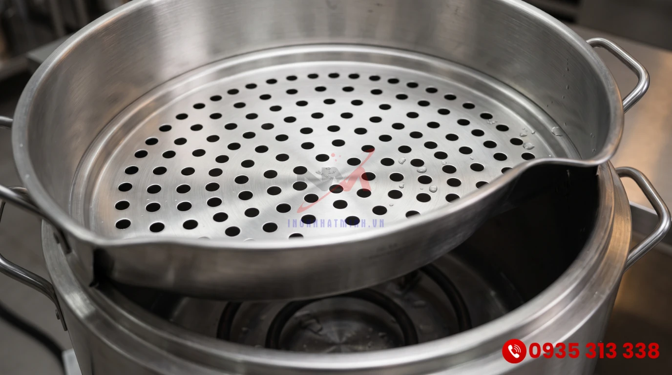 Thiết kế xưởng hấp inox 1 tầng tháo lắp dễ dàng trên miệng nồi điện