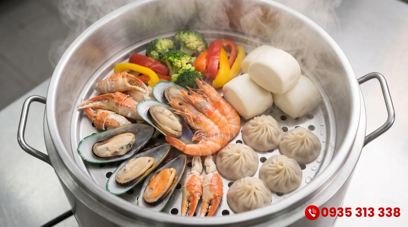 Ứng dụng hấp chín hải sản và bánh bao bằng nồi hấp điện công nghiệp