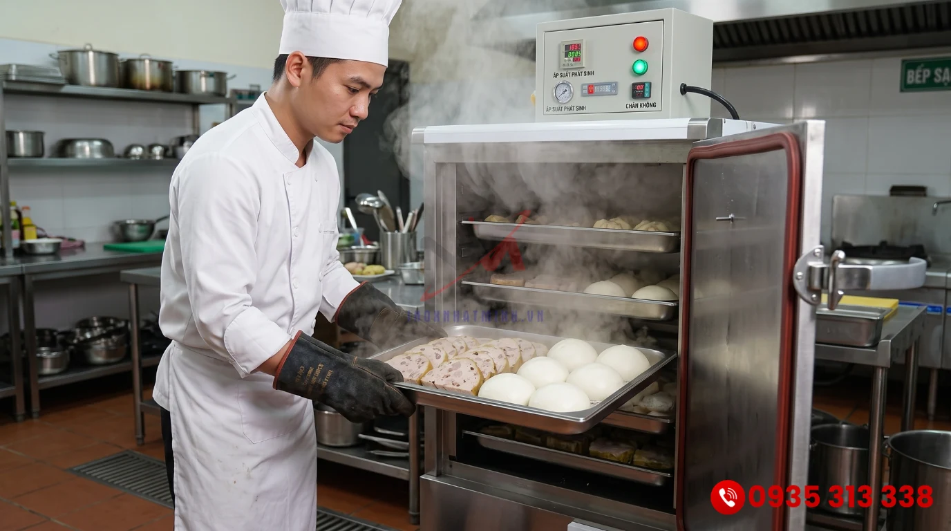 Đầu bếp kéo khay chứa giò chả và bánh bao vừa được hấp chín từ tủ hấp công nghiệp