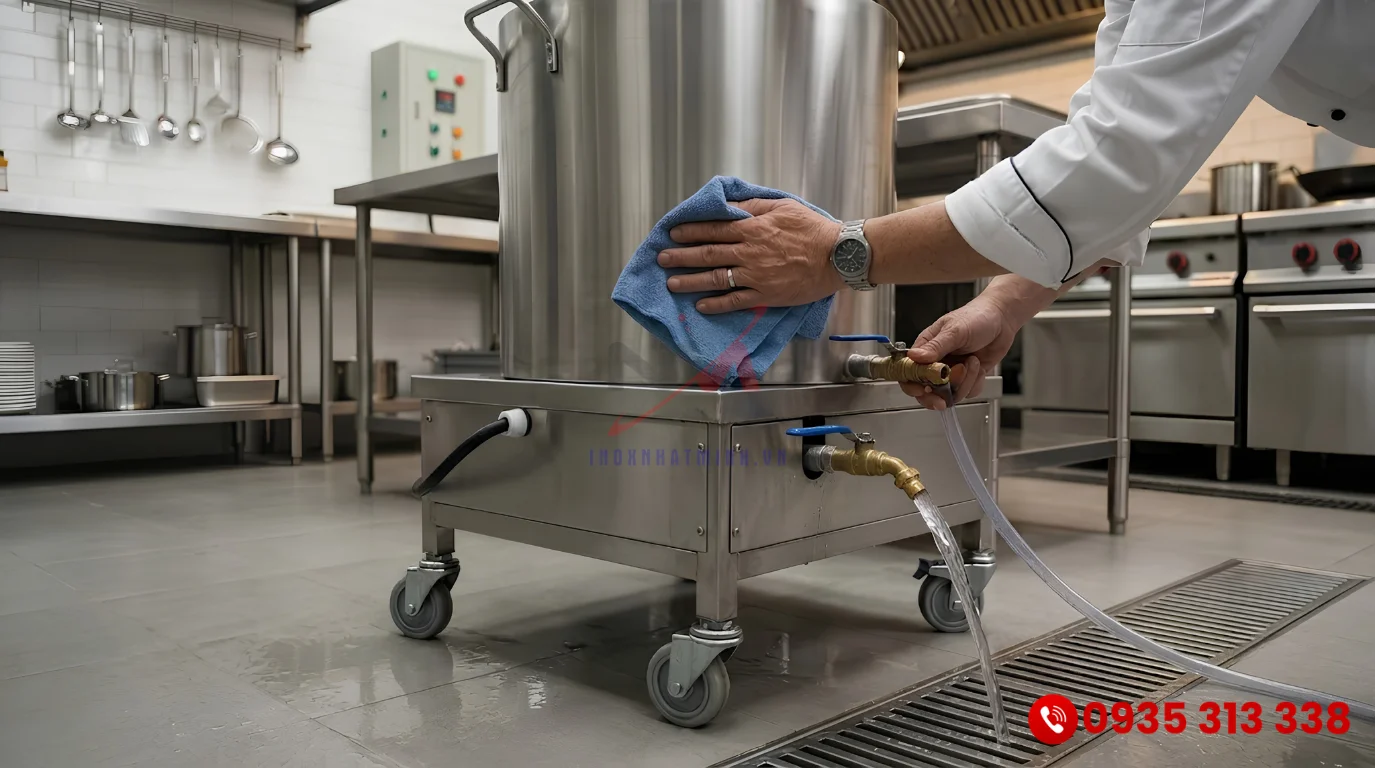Hướng dẫn xả nước và vệ sinh nồi hấp điện inox đúng cách sau ca làm việc