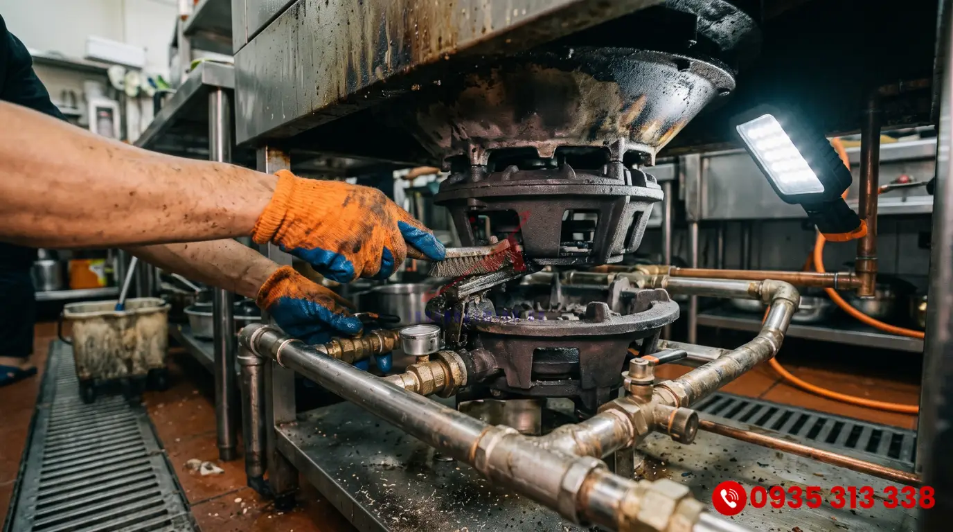 Vệ sinh pép đốt tủ gas công nghiệp để loại bỏ cặn bẩn gây tắc nghẽn kim phun
