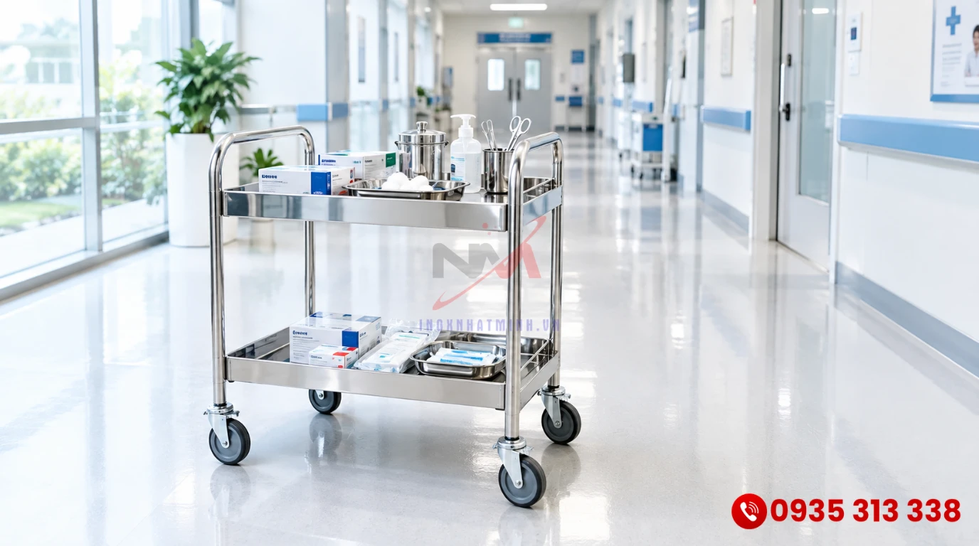 Mẫu xe đẩy thuốc 2 tầng bằng inox sáng bóng đặt tại hành lang phòng khám y tế