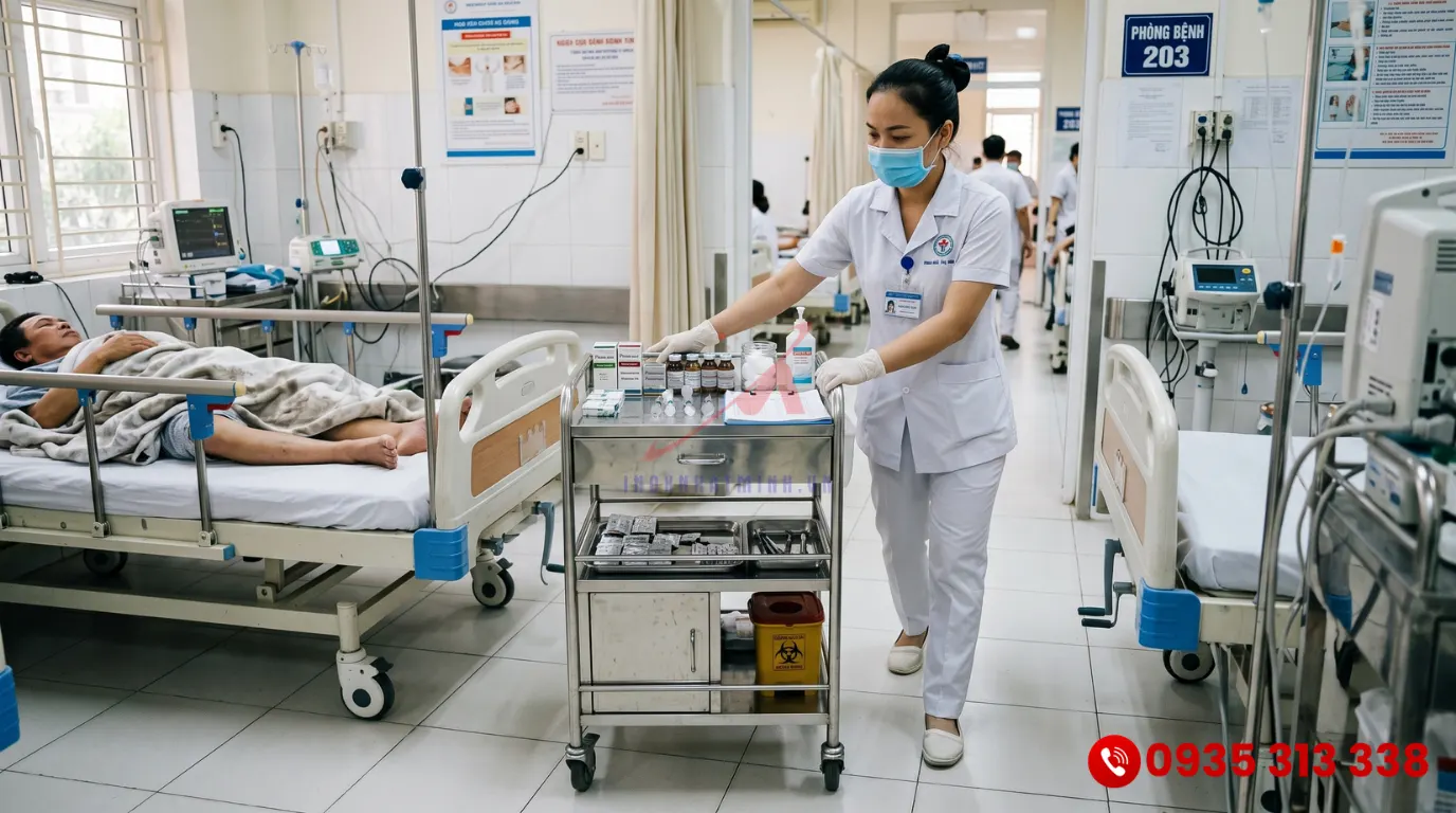Xe đẩy thuốc mini với thiết kế nhỏ gọn giúp điều dưỡng di chuyển dễ dàng giữa các giường bệnh