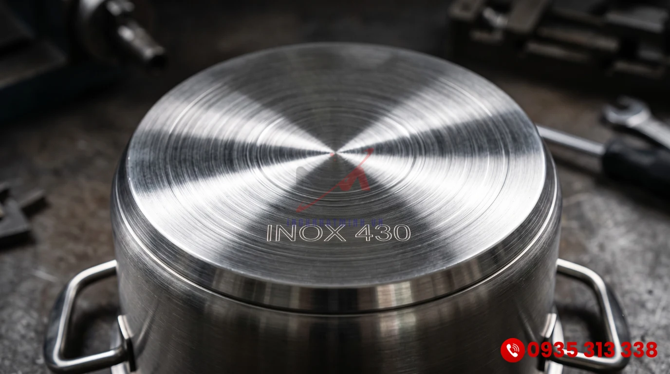 Cận cảnh thiết kế kỹ thuật đáy nồi inox 430 với các vòng phay xước đồng tâm
