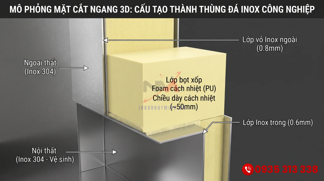 Mô phỏng mặt cắt lớp foam cách nhiệt dày dặn giữa hai lớp inox của thùng đá