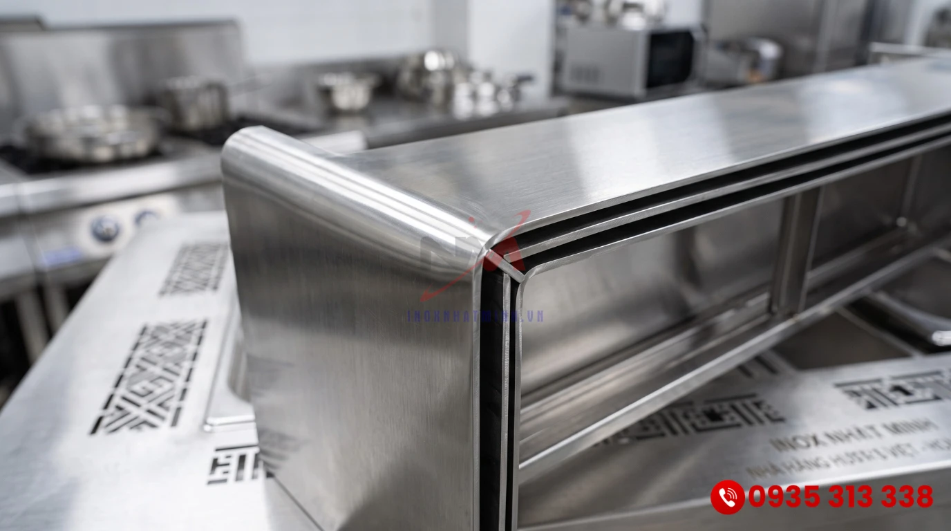 Chi tiết chấn gấp CNC và mối hàn mài nhẵn trên khung vỏ tủ hâm nóng inox 304