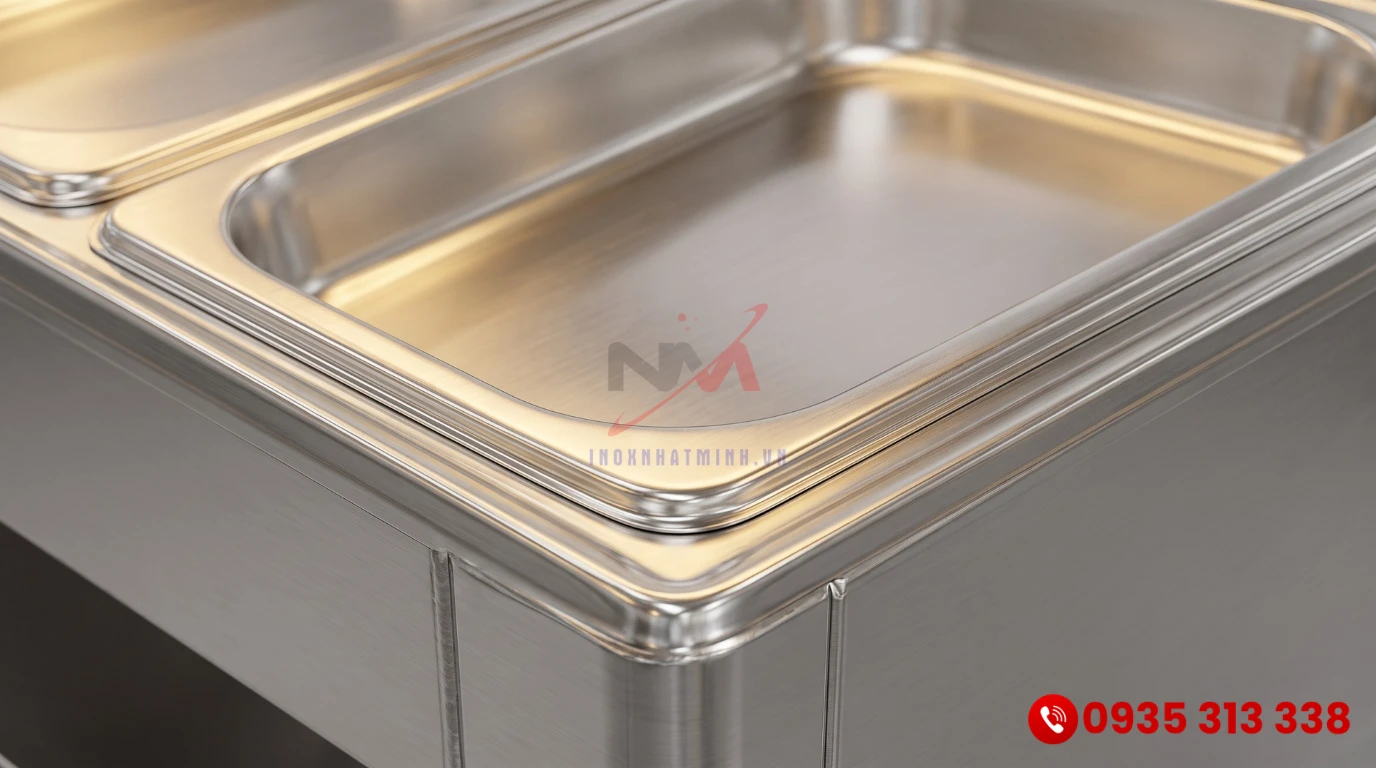 Bề mặt chất liệu inox 304 chống gỉ sét của tủ giữ nóng khay buffet