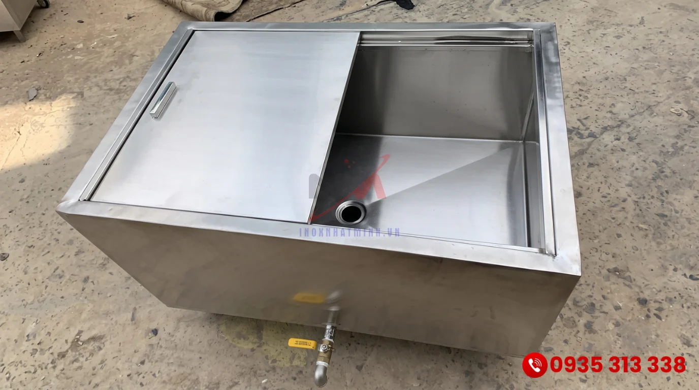 Thiết kế nắp trượt tiện lợi và van xả đáy thoát nước nhanh của thùng đá inox