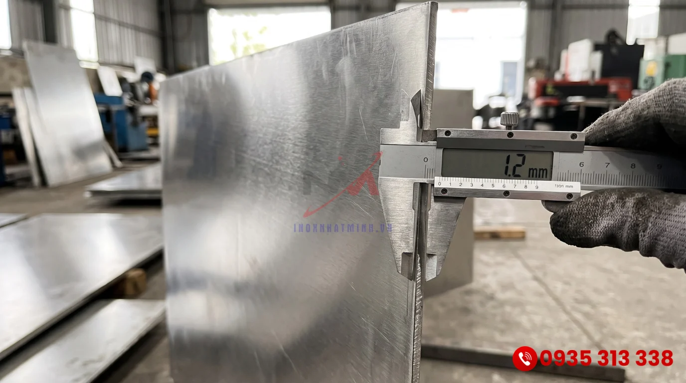 Kiểm tra độ dày vật liệu inox 304 tiêu chuẩn trong sản xuất thiết bị bếp