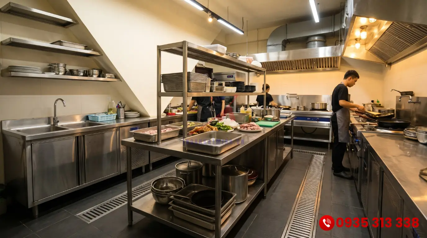 Thiết bị bếp inox gia công theo bản vẽ giúp tối ưu không gian góc xéo nhà hàng