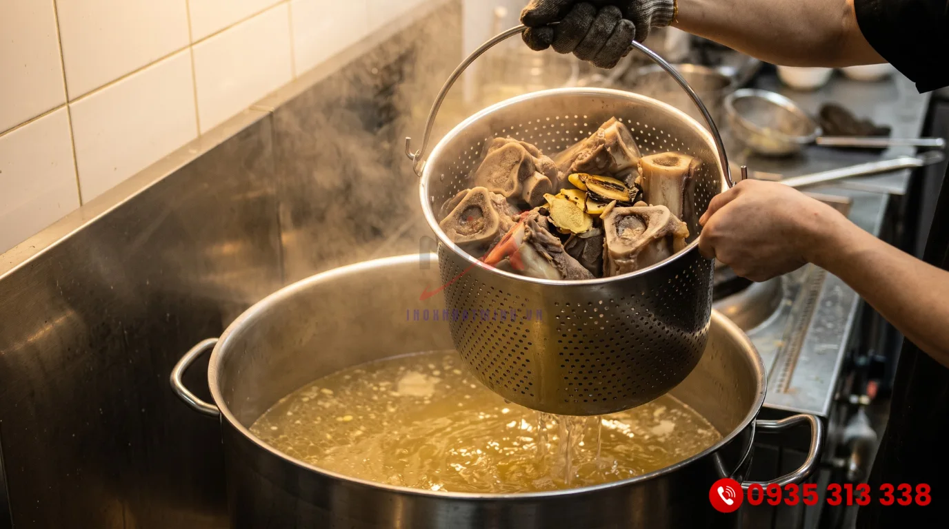 Giỏ đựng xương bằng inox giúp nước dùng phở luôn trong vắt và sạch vụn xương
