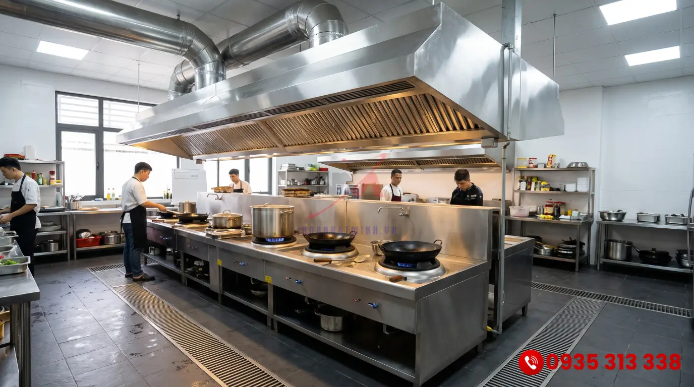 Hệ thống chụp hút khói và mương vỉ thoát nước inox âm sàn