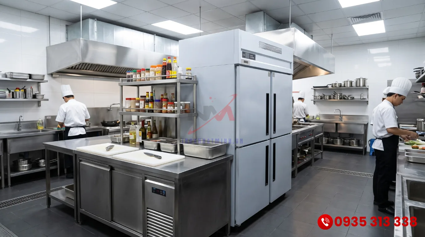 Tủ đông công nghiệp kết hợp với hệ thống bàn bếp inox đồng bộ
