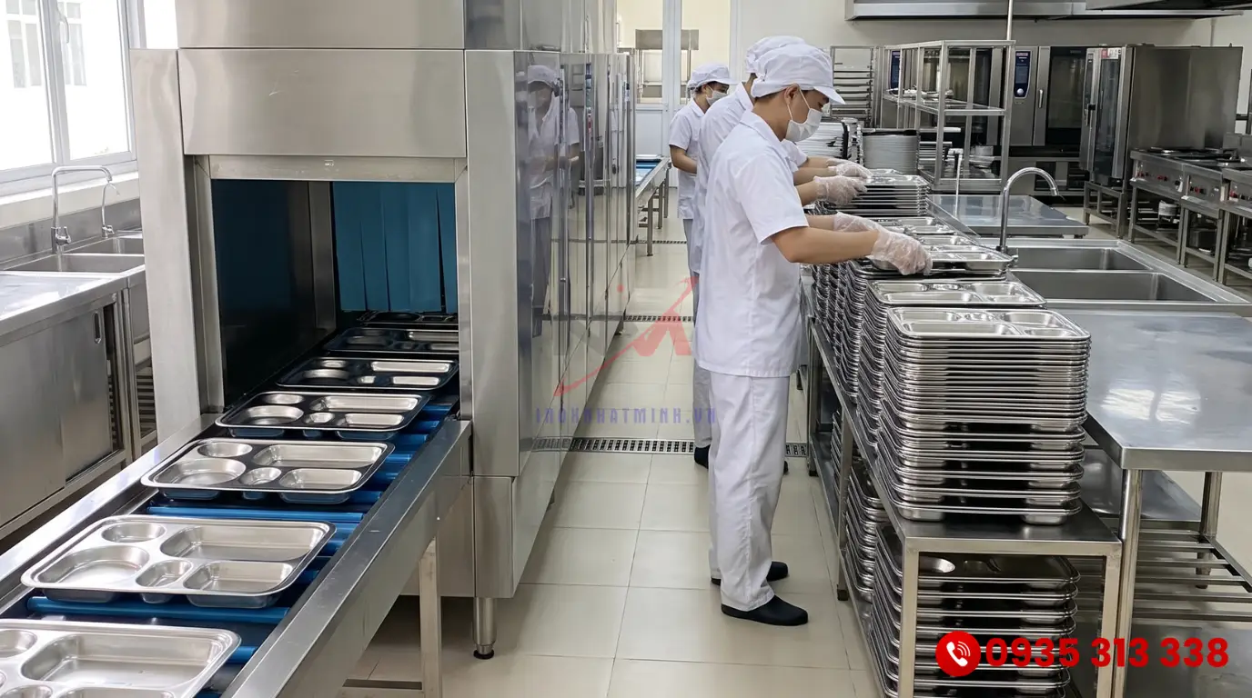 Khay chia cơm inox sạch sẽ và khô ráo sau khi được làm sạch bằng máy rửa chén công nghiệp