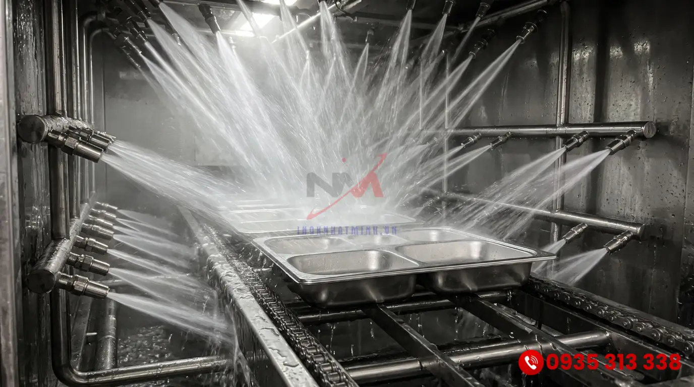 Cận cảnh hệ thống vòi phun nước áp lực cao bên trong máy rửa bát công suất lớn