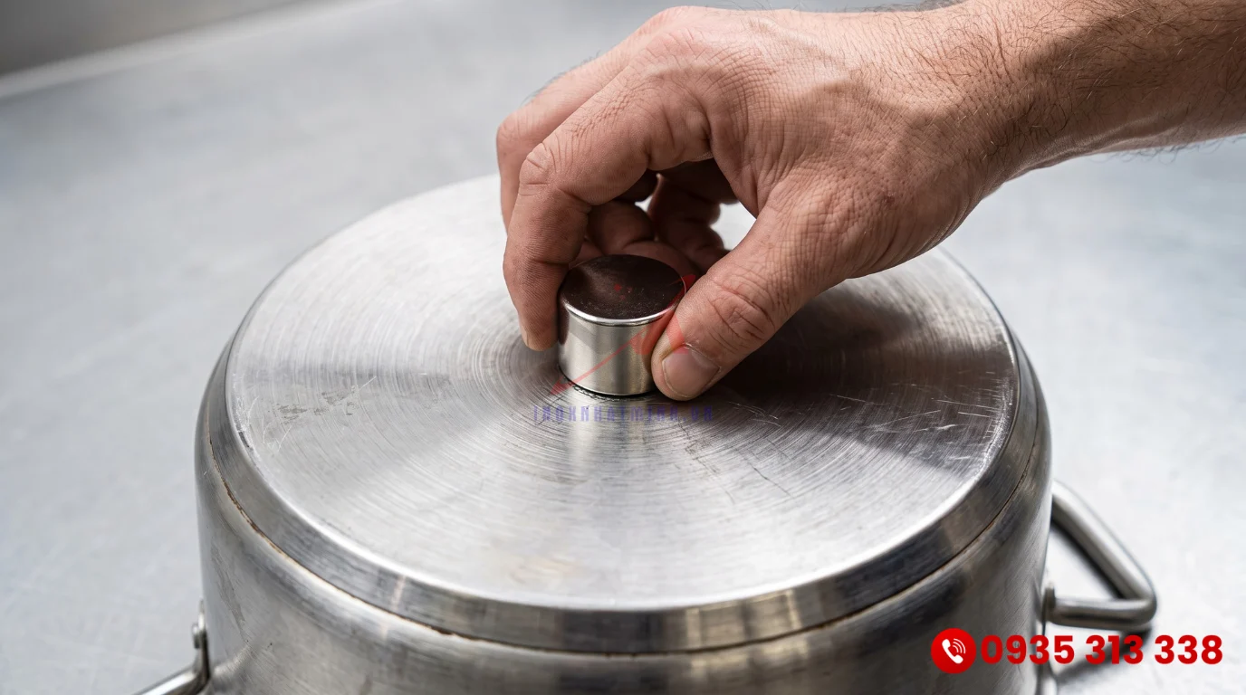 Dùng nam châm hít chặt vào đáy nồi inox để kiểm tra khả năng nhiễm từ