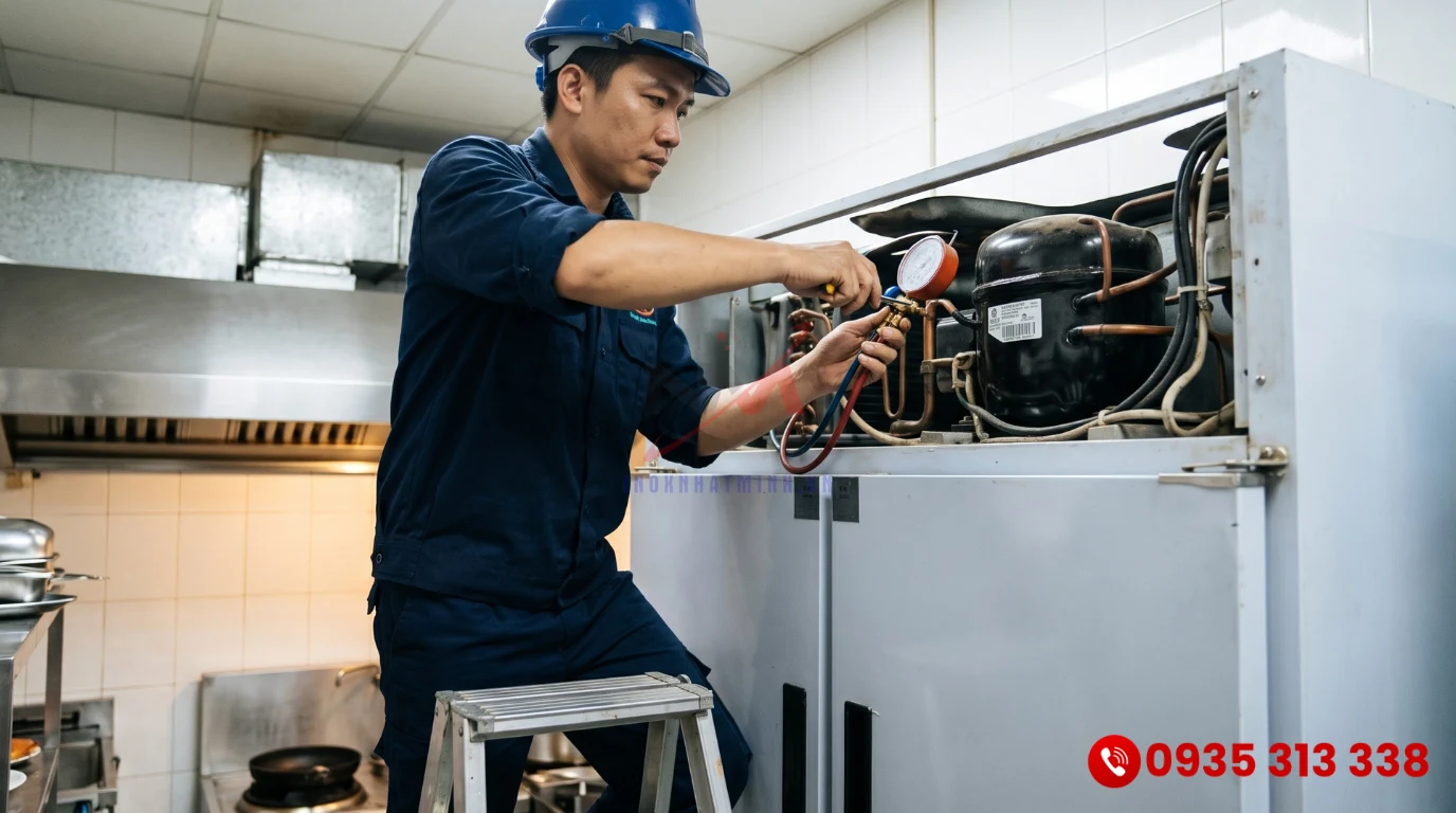 Kỹ thuật viên bảo hành kiểm tra hệ thống lốc máy tủ đông công nghiệp