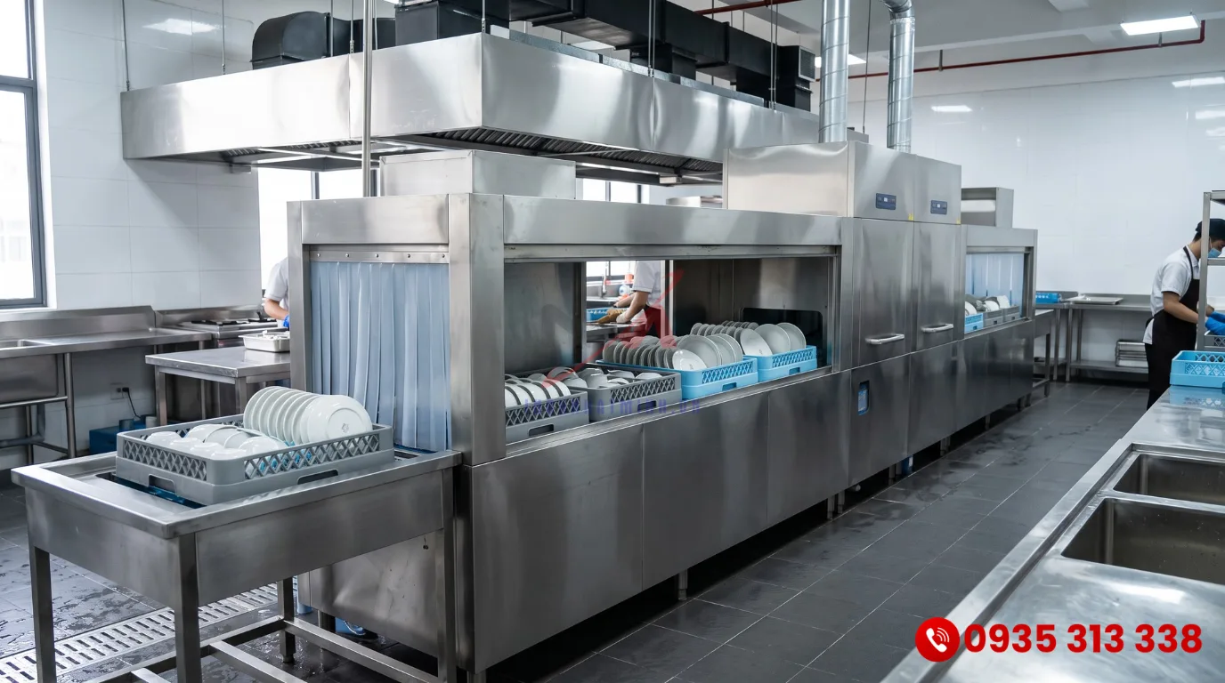Hệ thống máy rửa chén công nghiệp hàn quốc băng chuyền công suất lớn