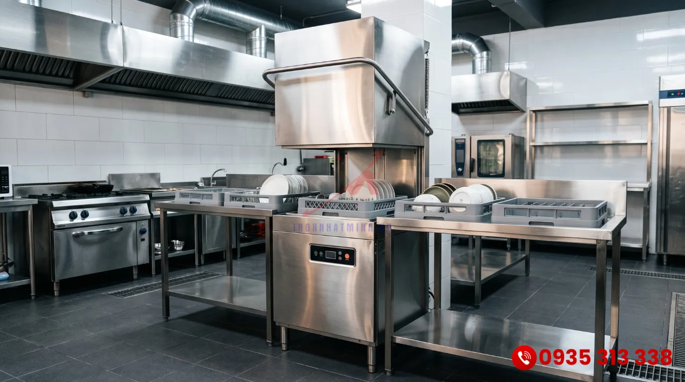 Máy rửa chén công nghiệp hàn quốc dạng cửa sập inox sáng bóng
