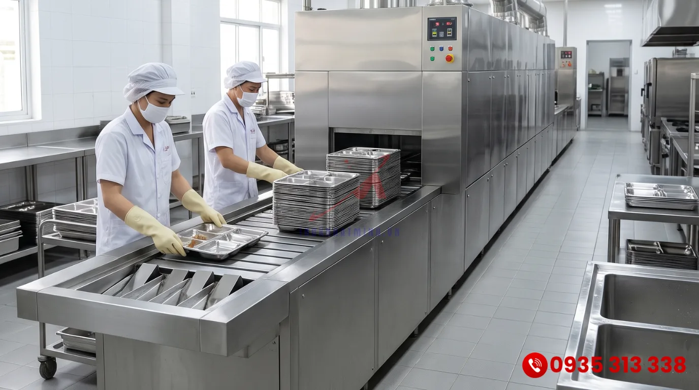 Hệ thống máy rửa khay suất ăn công nghiệp bằng inox băng chuyền tự động