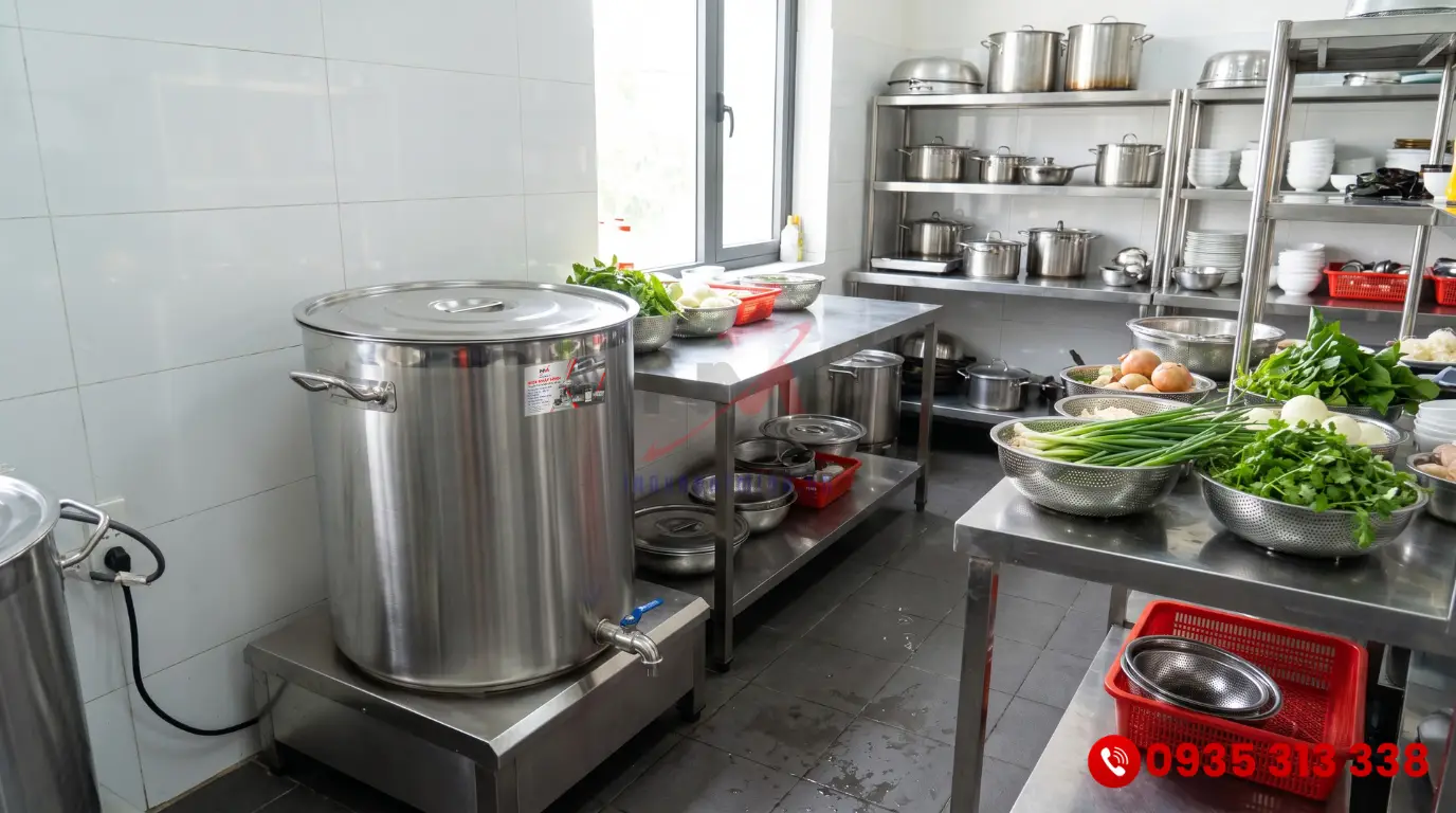 Nồi điện hầm xương bằng inox 304 sáng bóng trong không gian bếp nhà hàng