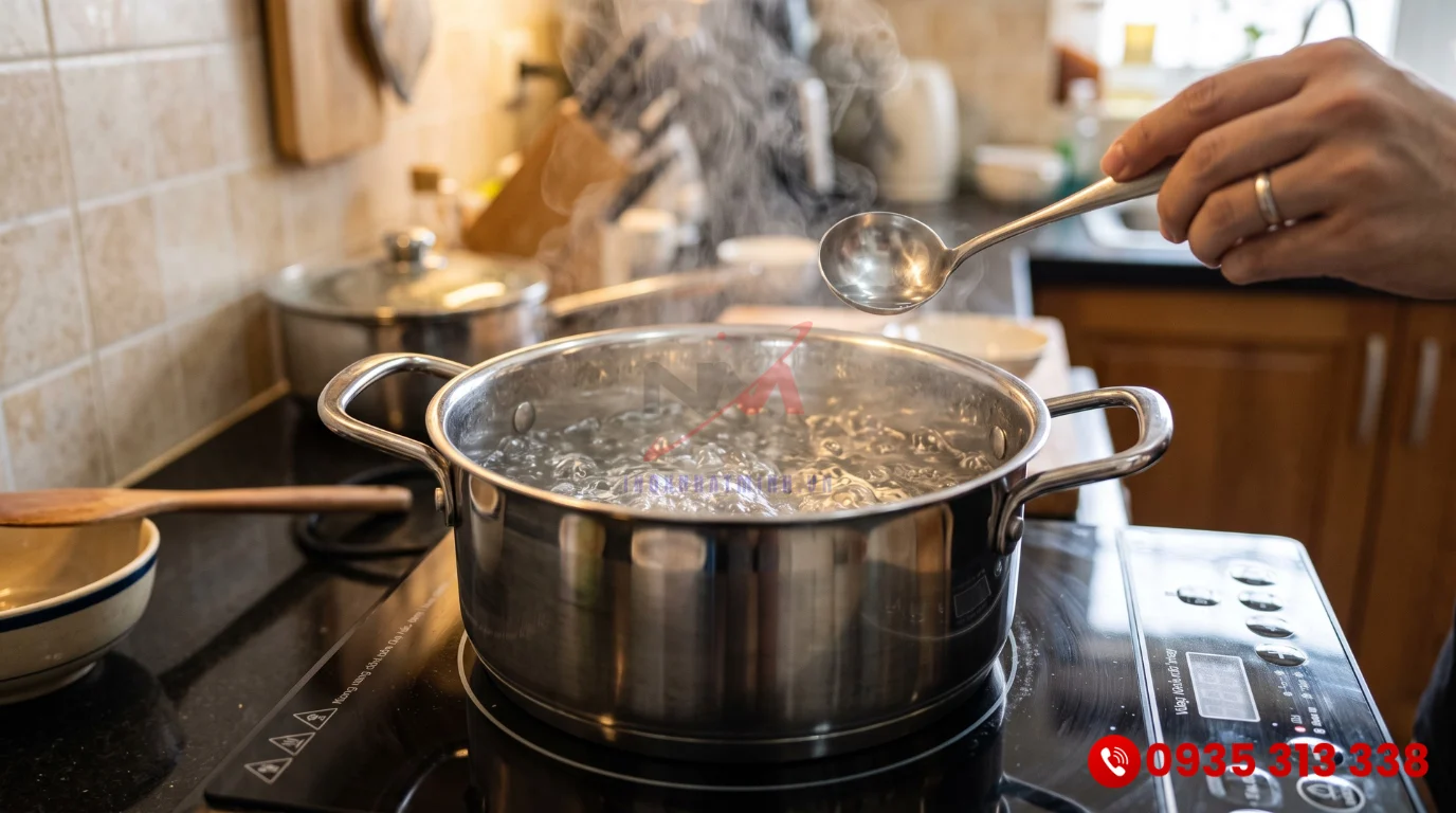 Nồi inox 3 lớp đun sôi nước trên bếp từ đảm bảo an toàn vệ sinh thực phẩm