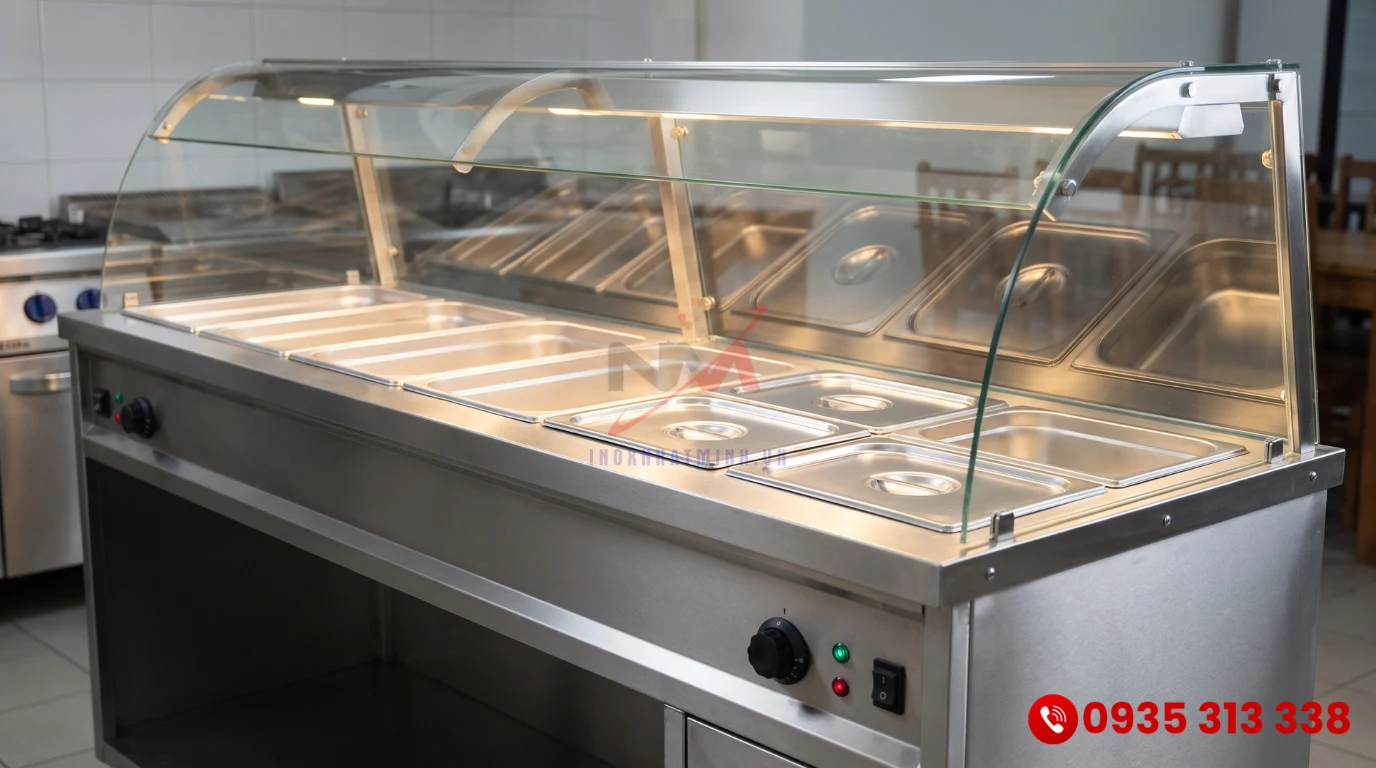 Quầy giữ nóng thức ăn buffet kính cong cao cấp bằng inox 304
