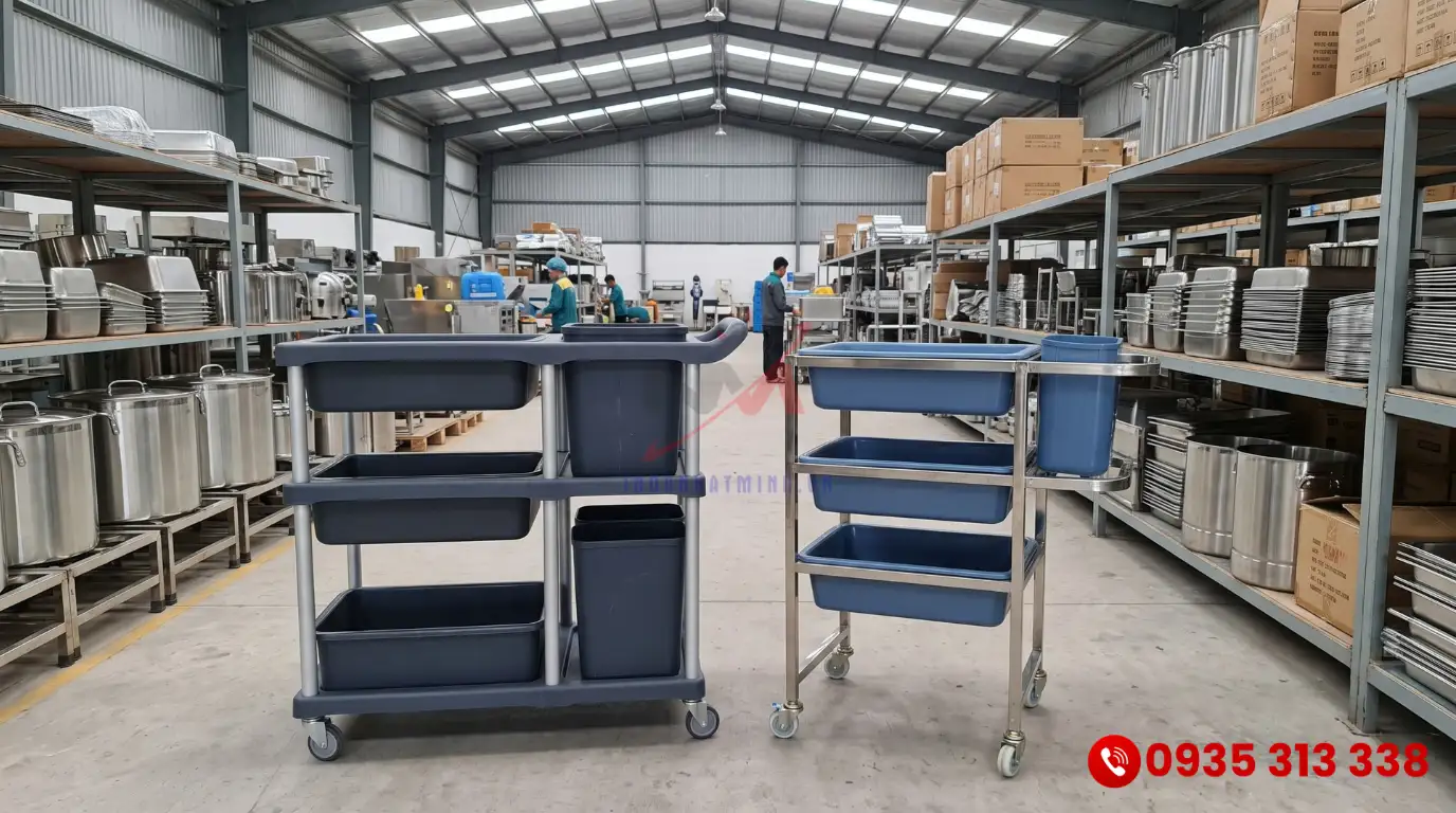 Hình ảnh thực tế so sánh xe đẩy thu dọn thức ăn nhựa và inox tại kho hàng Inox Nhật Minh