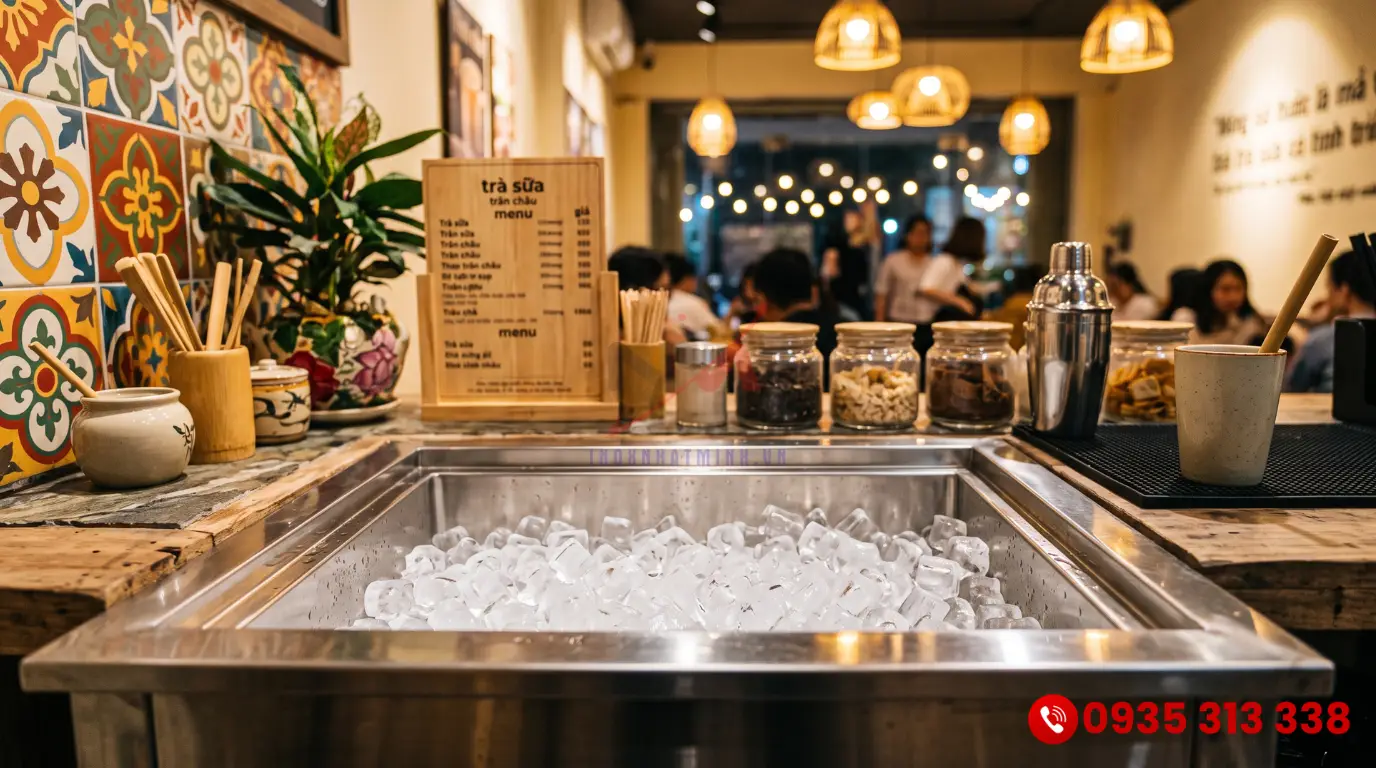 Thùng đựng đá inox giá rẻ âm bàn sáng bóng được lắp đặt tại quầy bar hiện đại