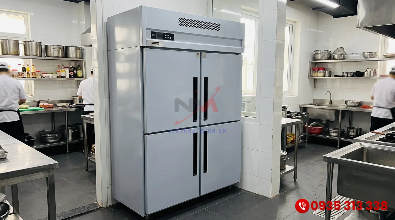 Tủ đông công nghiệp 4 cánh inox đặt trong không gian bếp nhà hàng