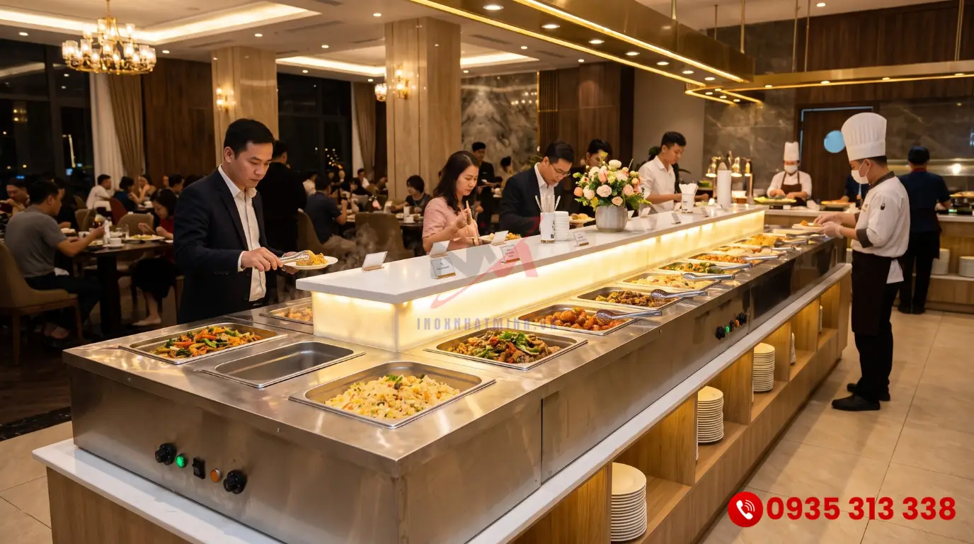 Tủ giữ nóng khay buffet inox cao cấp tại quầy line nhà hàng sang trọng