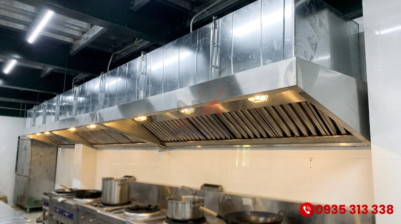 Cận cảnh tum hút mùi inox áp tường dạng vát gắn phin lọc mỡ inox