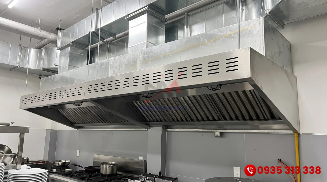 Tum hút cấp khí tươi inox 304 với khe thổi gió bù chống ngộp cho bếp kín