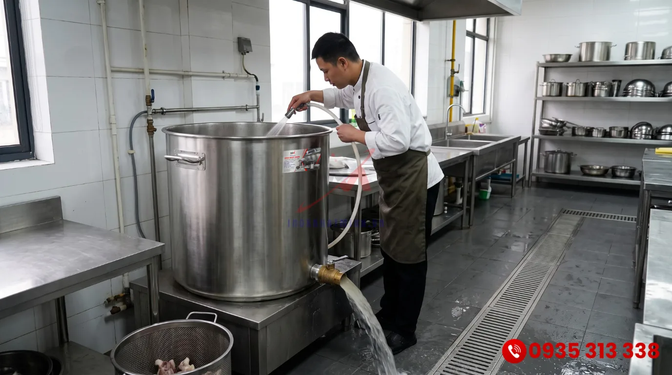 Đầu bếp đang vệ sinh lòng nồi điện hầm xương bằng vòi nước sạch