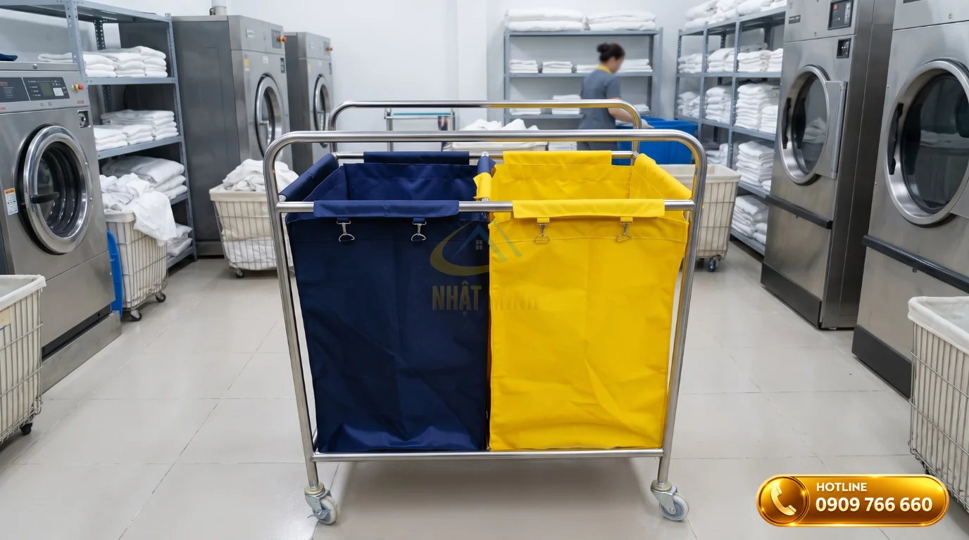 Xe đẩy đồ vải inox 2 ngăn dùng để phân loại đồ giặt ủi