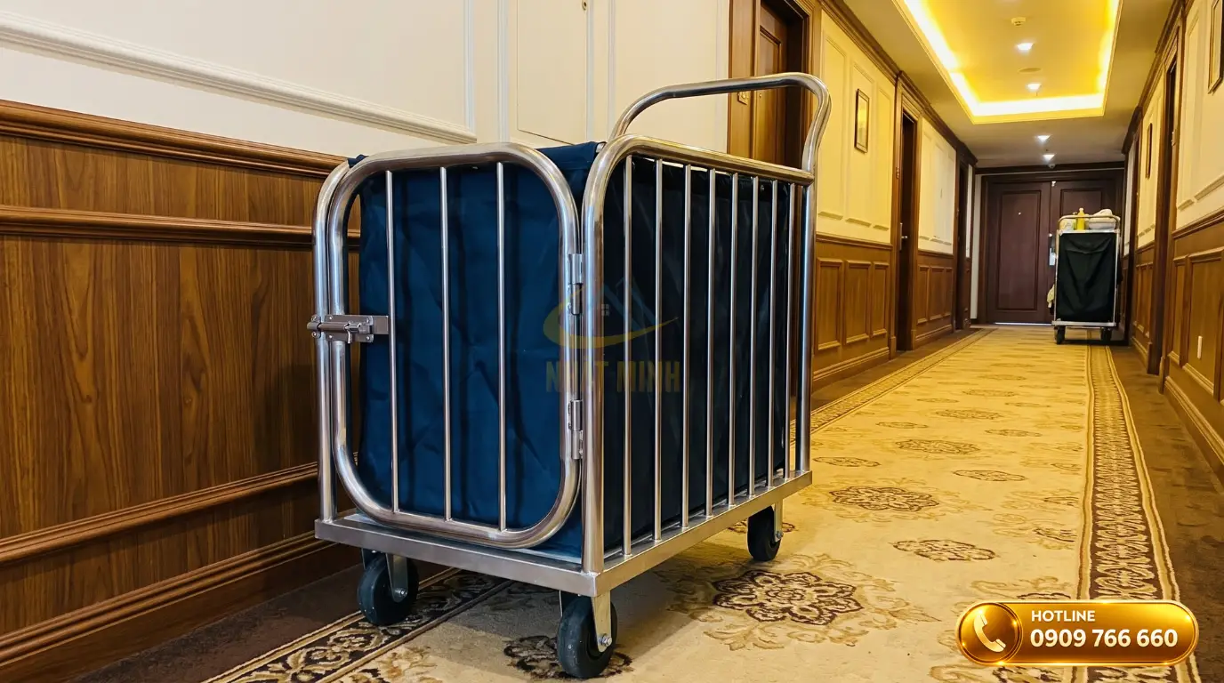 Xe đẩy đồ vải inox cao cấp đặt tại hành lang tiền sảnh khách sạn