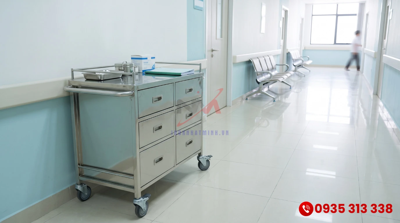 Xe đẩy thuốc bệnh viện có hộc kéo chất lượng cao đặt tại hành lang y tế