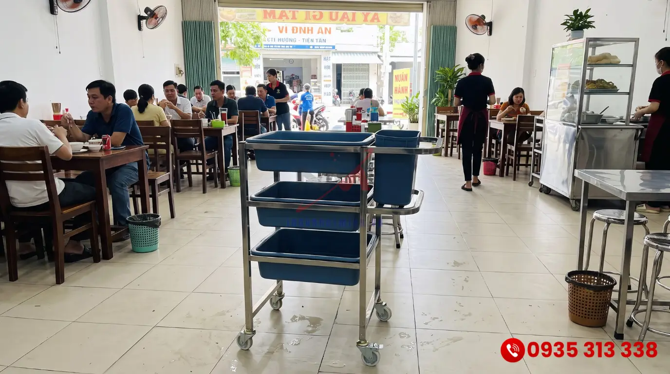 Xe thu gom bát đĩa khung inox chịu tải trọng lớn đi kèm khay nhựa xanh dương