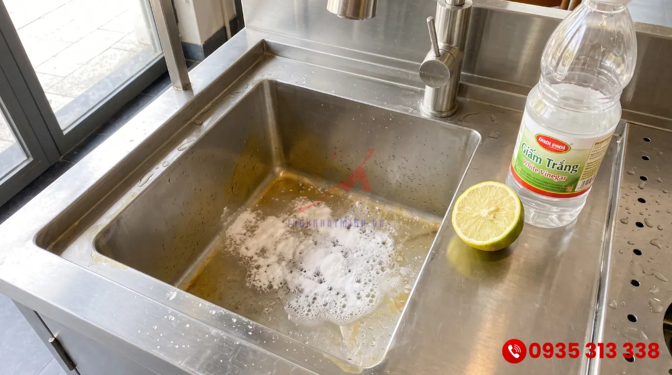 Xử lý vết ố trà bám cứng trên quầy pha chế inox bằng baking soda
